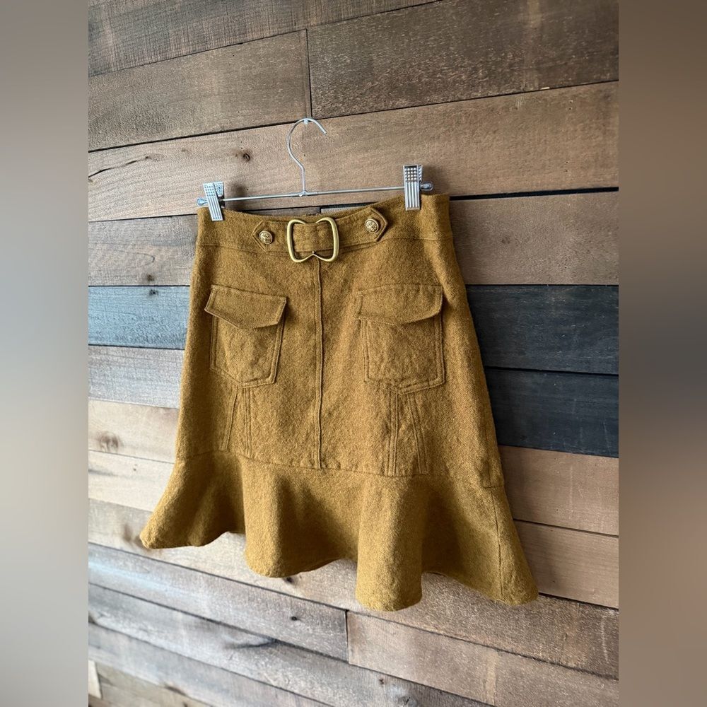 Vintage Inspired Mustard Wool Cargo Mini Skirt Buckle Flounce Hem - Picture 9 of 12